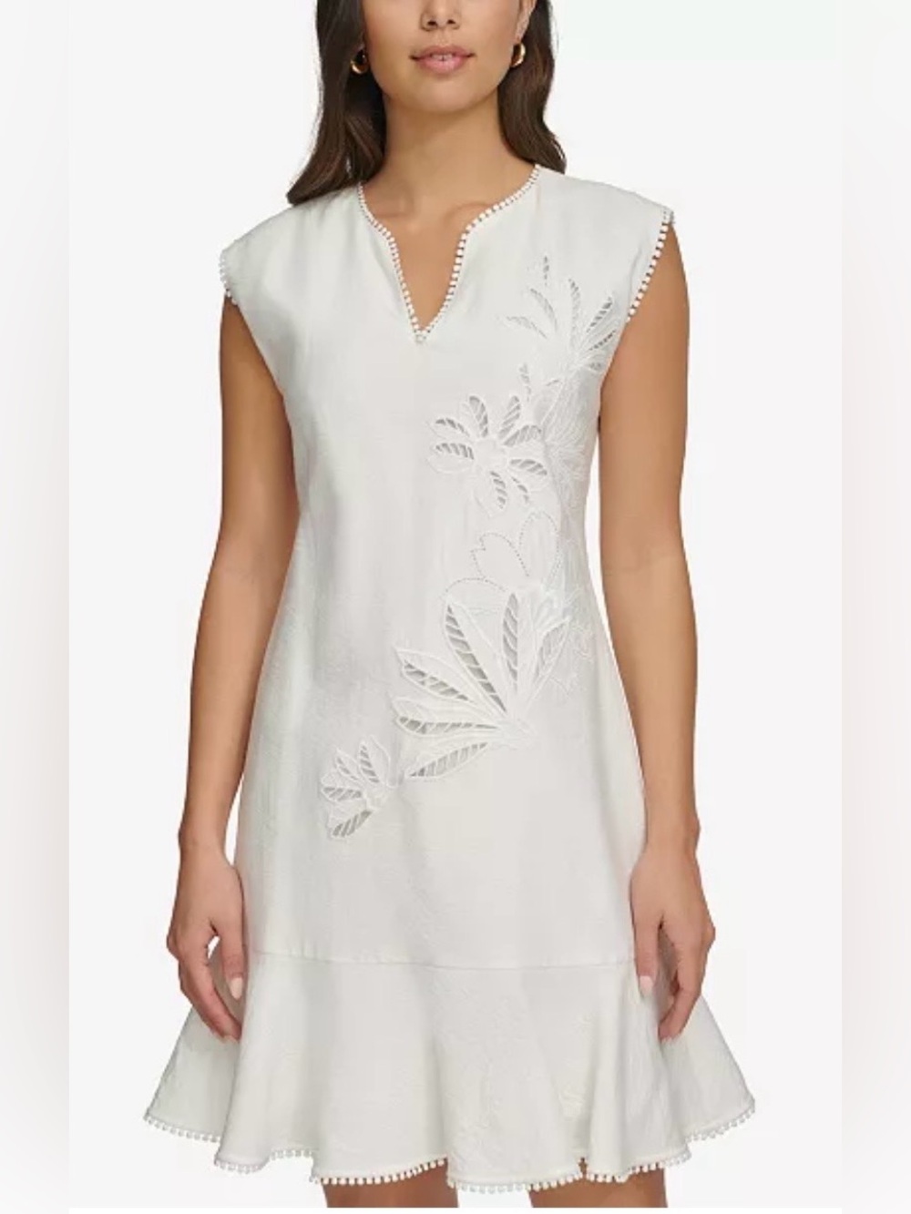 NWT Size 6 DKNY White Embroidered Cutout Pom-Pom Mini Dress